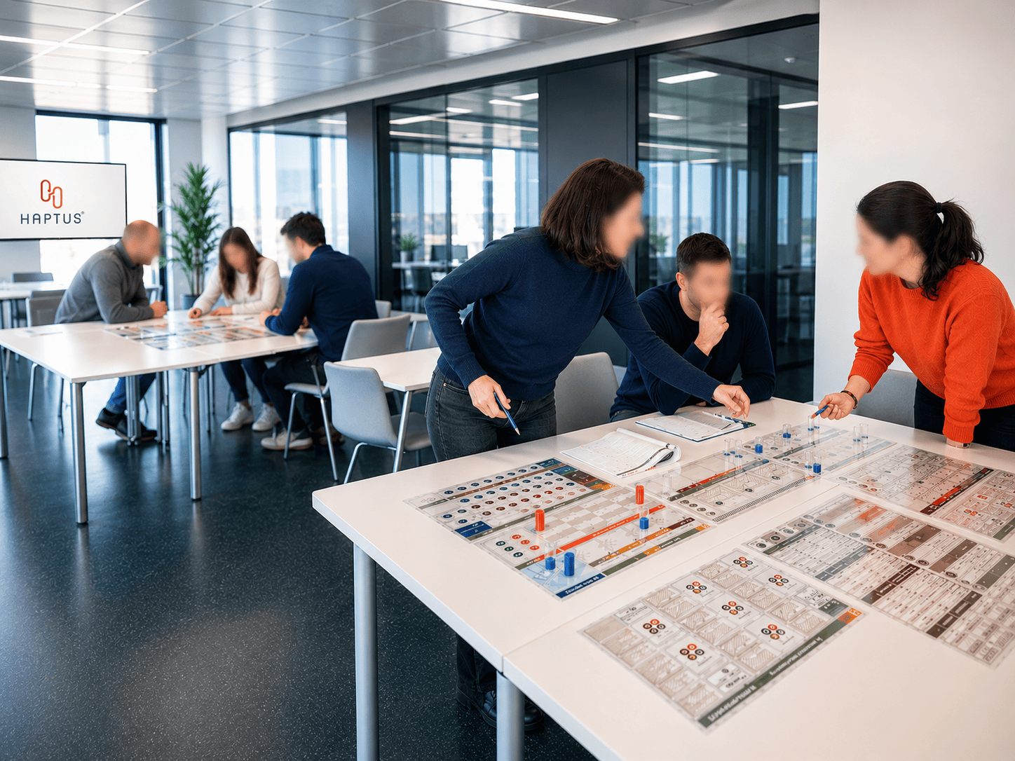 Teilnehmende arbeiten gemeinsam an einem haptischen HAPTUS-Unternehmensplanspiel